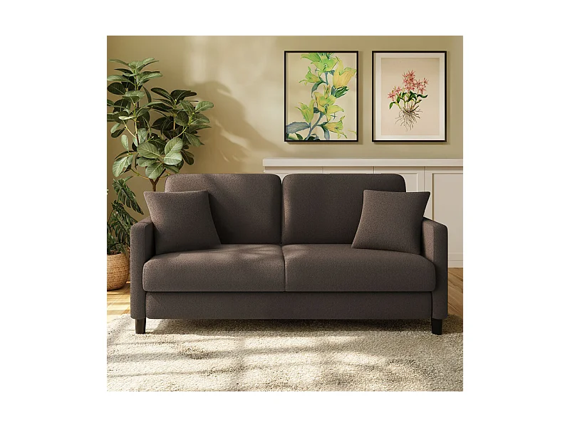 Canapé 2 places en Tissu velours teddy avec 2 Oreillers - Marron - 148 x 89 x 79cm