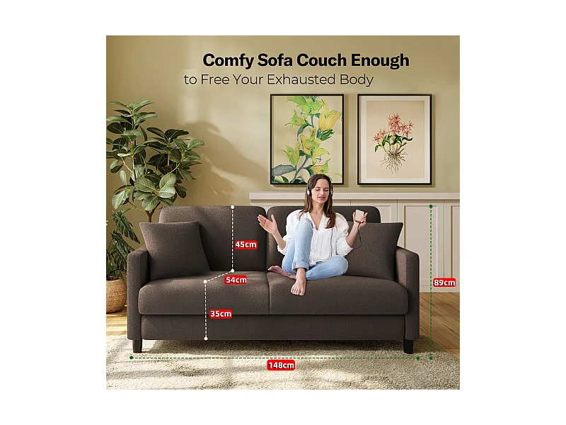 Canapé 2 places en Tissu velours teddy avec 2 Oreillers - Marron - 148 x 89 x 79cm