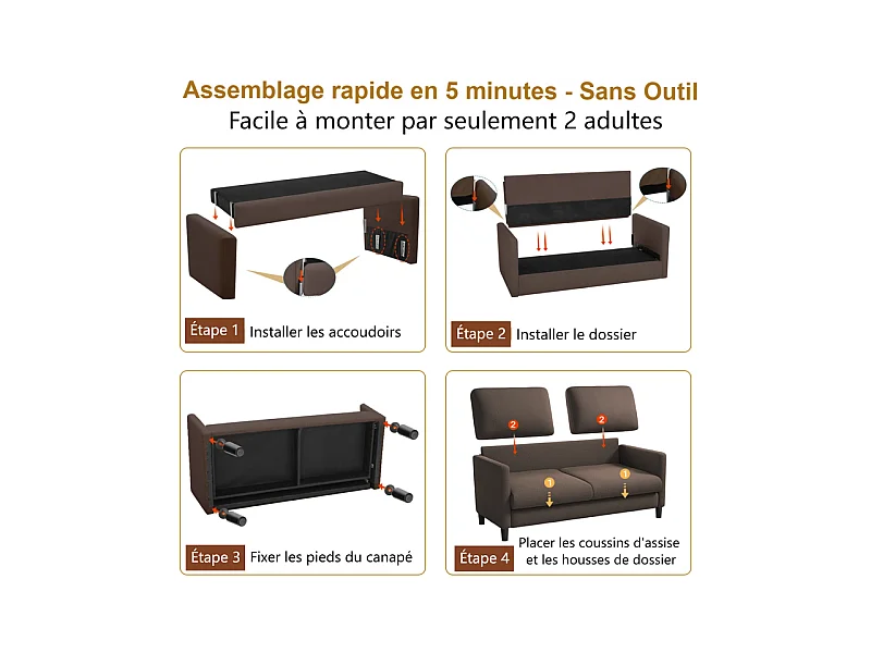 Canapé 2 places en Tissu velours teddy avec 2 Oreillers - Marron - 148 x 89 x 79cm