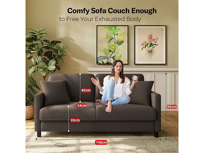 Canapé 2 places en Tissu velours teddy avec 2 Oreillers - Marron - 148 x 89 x 79cm