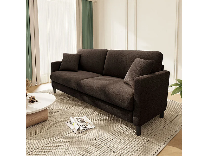 Canapé 2 places en Tissu velours teddy avec 2 Oreillers - Marron - 148 x 89 x 79cm