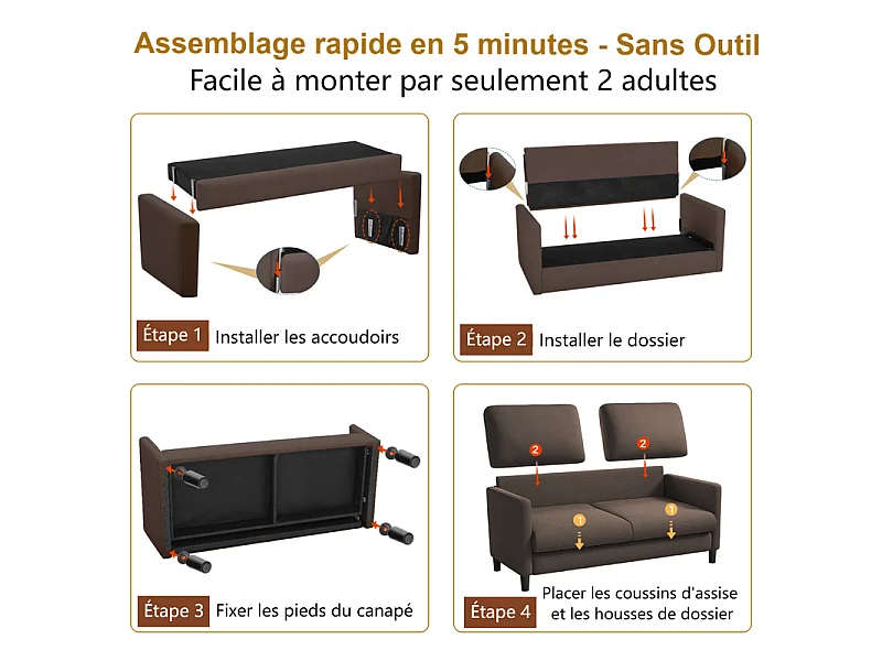Canapé 2 places en Tissu velours teddy avec 2 Oreillers - Marron - 148 x 89 x 79cm