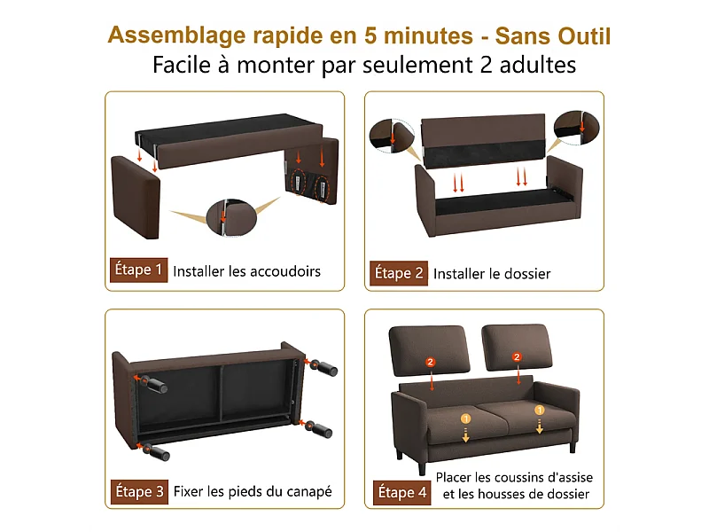 Canapé 2 places en Tissu velours teddy avec 2 Oreillers - Marron - 148 x 89 x 79cm