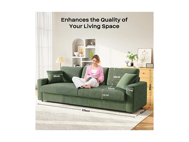 Grand canapé en velours côtelé avec 2 Oreillers - Vert - 256 x 89 x 88cm