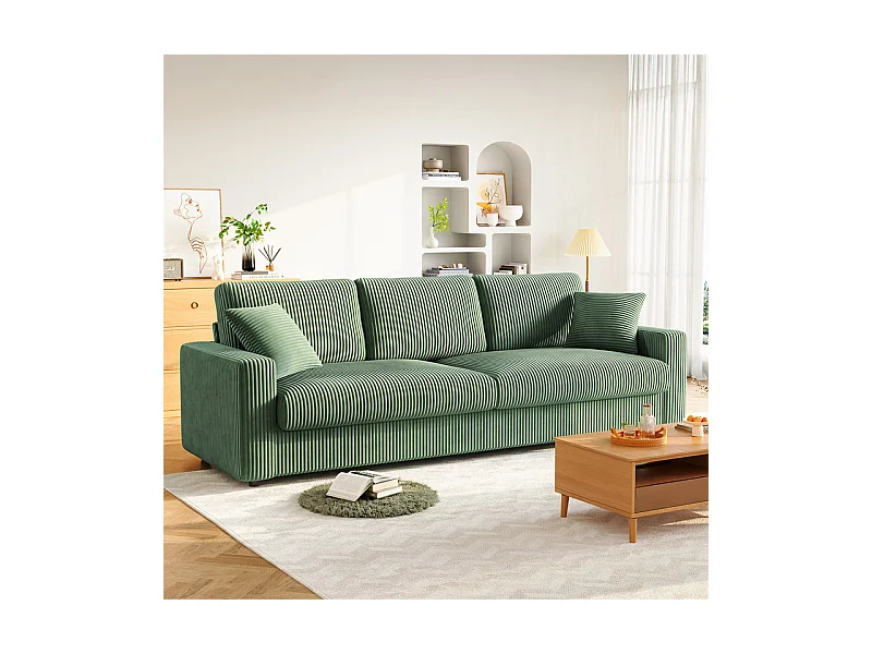 Grand canapé en velours côtelé avec 2 Oreillers - Vert - 256 x 89 x 88cm