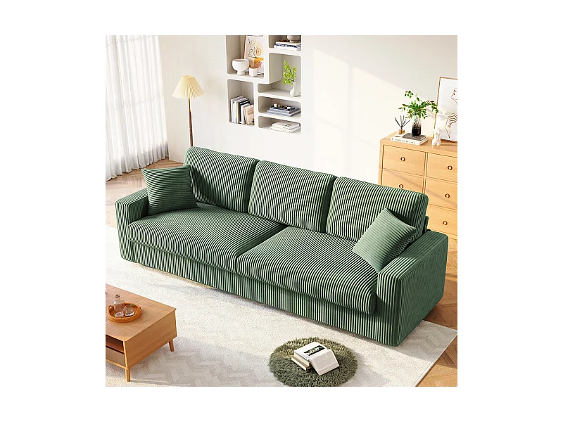 Grand canapé en velours côtelé avec 2 Oreillers - Vert - 256 x 89 x 88cm
