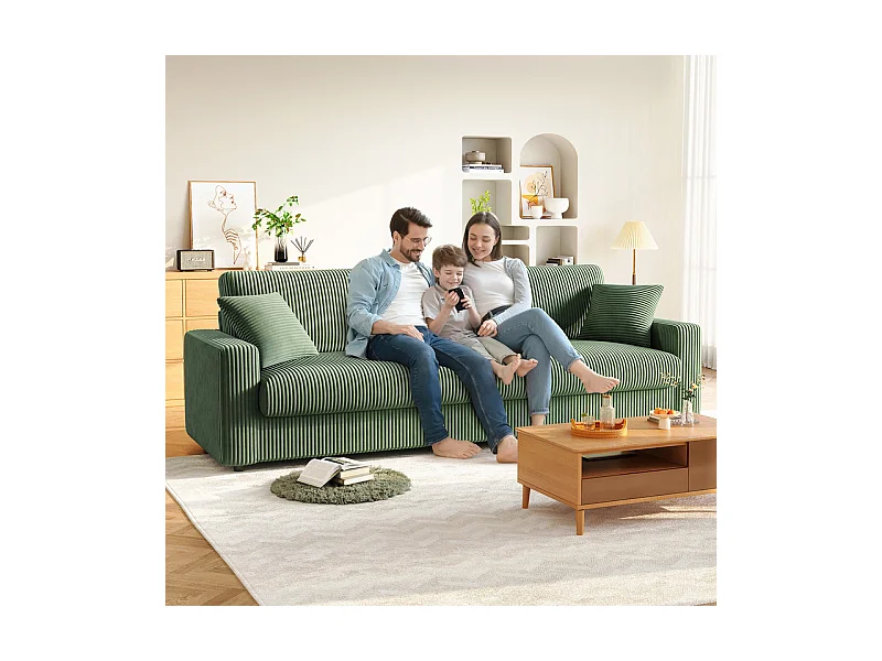 Grand canapé en velours côtelé avec 2 Oreillers - Vert - 256 x 89 x 88cm