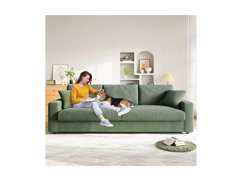 Grand canapé en velours côtelé avec 2 Oreillers - Vert - 256 x 89 x 88cm