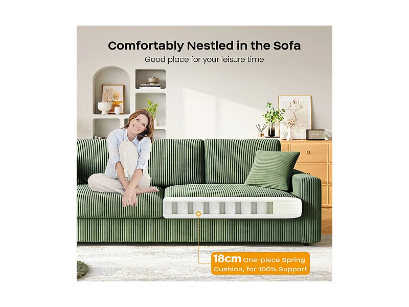 Grand canapé en velours côtelé avec 2 Oreillers - Vert - 256 x 89 x 88cm