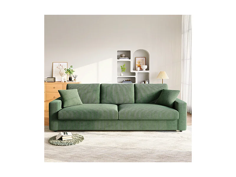Grand canapé en velours côtelé avec 2 Oreillers - Vert - 256 x 89 x 88cm
