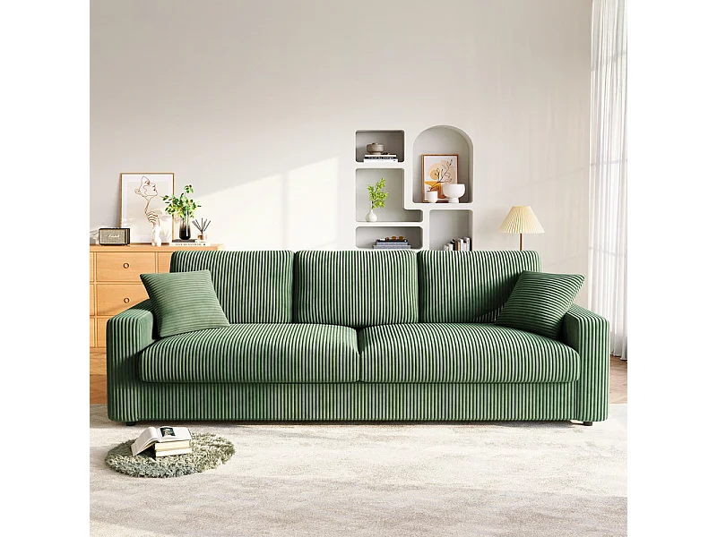 Grande divano in velluto costato con 2 cuscini - Verde - 256 x 89 x 88 cm
