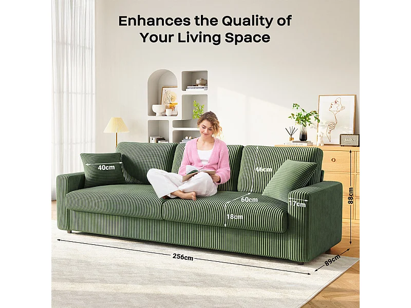 Grande divano in velluto costato con 2 cuscini - Verde - 256 x 89 x 88 cm