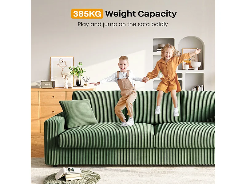 Grande divano in velluto costato con 2 cuscini - Verde - 256 x 89 x 88 cm