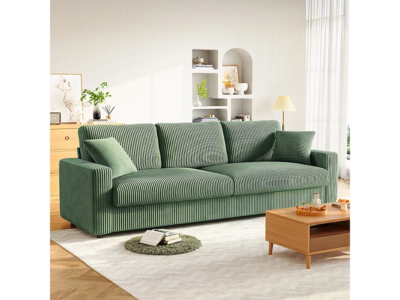 Grand canapé en velours côtelé avec 2 Oreillers - Vert - 256 x 89 x 88cm