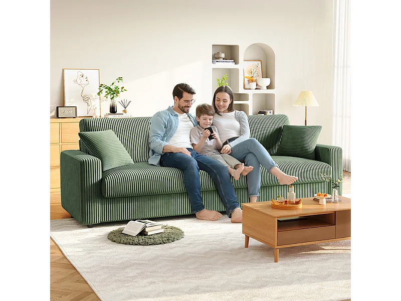 Grand canapé en velours côtelé avec 2 Oreillers - Vert - 256 x 89 x 88cm