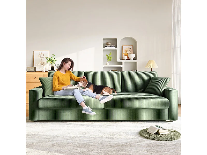 Grand canapé en velours côtelé avec 2 Oreillers - Vert - 256 x 89 x 88cm