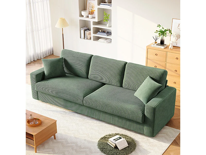 Grand canapé en velours côtelé avec 2 Oreillers - Vert - 256 x 89 x 88cm