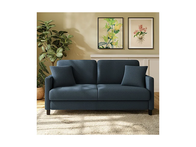 Canapé 2 places en Tissu velours teddy avec 2 Oreillers - Bleu - 148 x 89 x 79cm