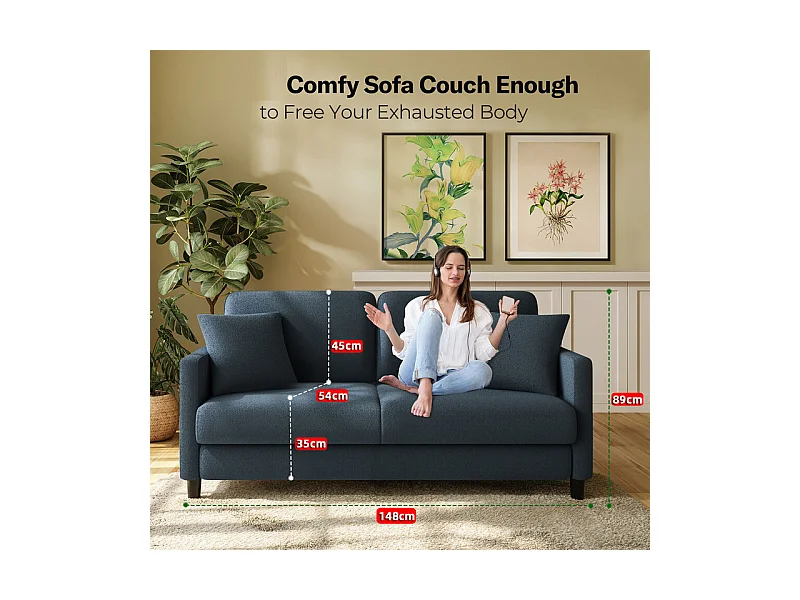 Canapé 2 places en Tissu velours teddy avec 2 Oreillers - Bleu - 148 x 89 x 79cm