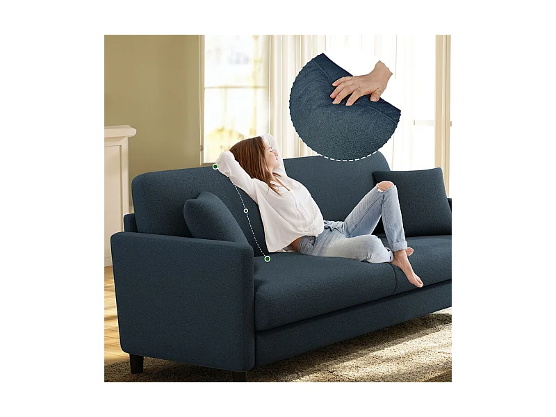 Canapé 2 places en Tissu velours teddy avec 2 Oreillers - Bleu - 148 x 89 x 79cm