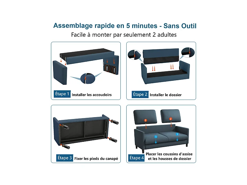 Canapé 2 places en Tissu velours teddy avec 2 Oreillers - Bleu - 148 x 89 x 79cm