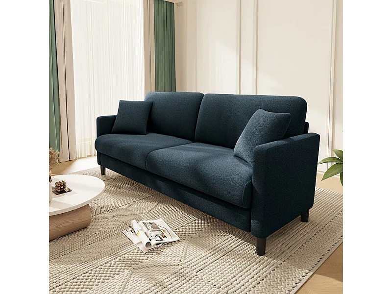 Canapé 2 places en Tissu velours teddy avec 2 Oreillers - Bleu - 148 x 89 x 79cm