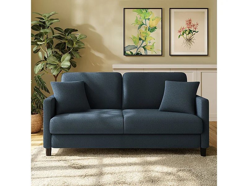 Canapé 2 places en Tissu velours teddy avec 2 Oreillers - Bleu - 148 x 89 x 79cm