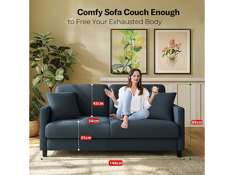 Canapé 2 places en Tissu velours teddy avec 2 Oreillers - Bleu - 148 x 89 x 79cm