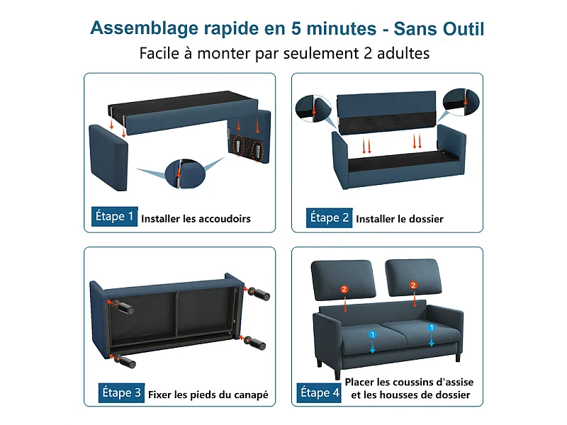 Canapé 2 places en Tissu velours teddy avec 2 Oreillers - Bleu - 148 x 89 x 79cm