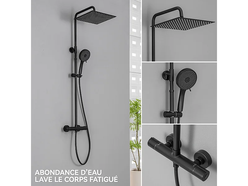 SOFETIY MAX Colonne de Douche Noir Thermostatique,  Ensemble de Douche avec Mitigeur, 5 Fonctions Ensemble de Douche