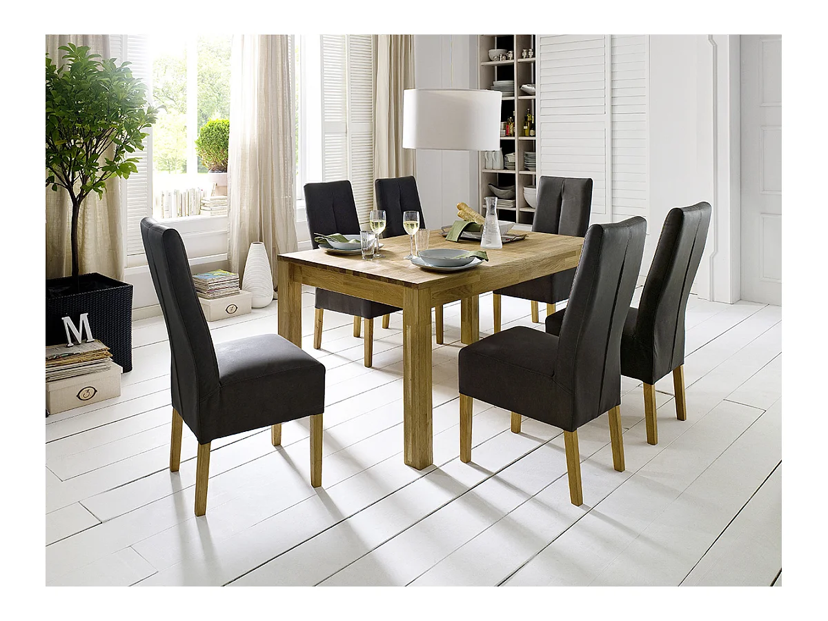 Table de salle à manger rectangulaire extensible en bois hêtre massif huilé coloris chêne sauvage - longueur 140-220 x hauteur 77 x profondeur 80 cm
