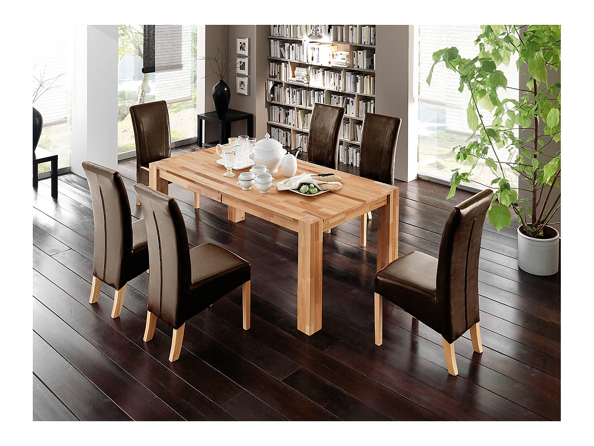 Table de salle à manger rectangulaire extensible en bois hêtre massif huilé coloris chêne sauvage - longueur 200-300 x hauteur 77 x profondeur 100 cm