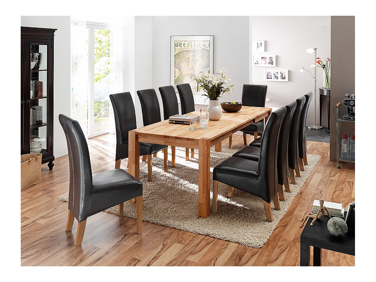 Table de salle à manger rectangulaire extensible en bois hêtre massif huilé coloris chêne sauvage - longueur 200-300 x hauteur 77 x profondeur 100 cm