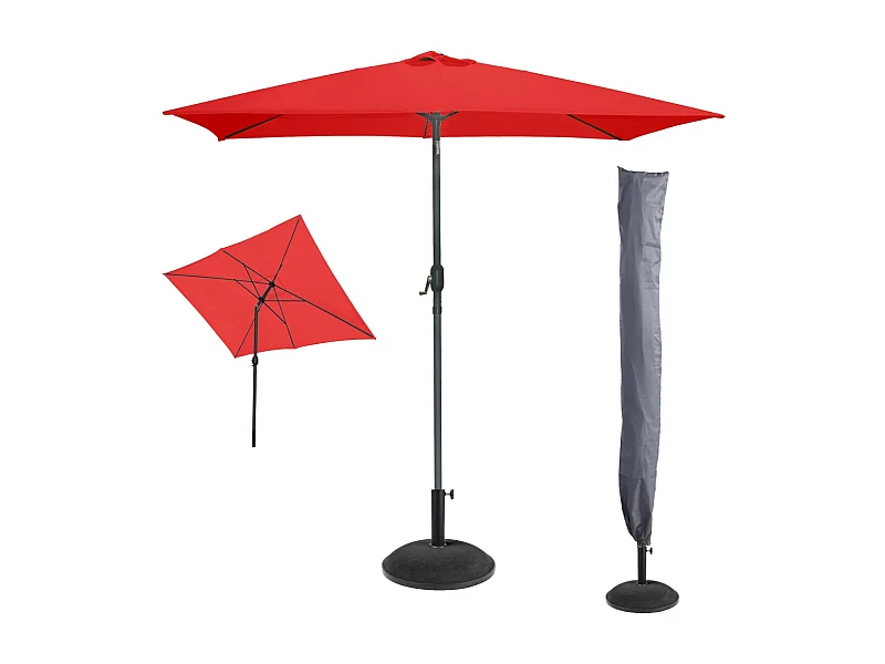 L'indispensable été : Parasol inclinable rouge + housse anti-UV + pieds en ciment 25Kg
