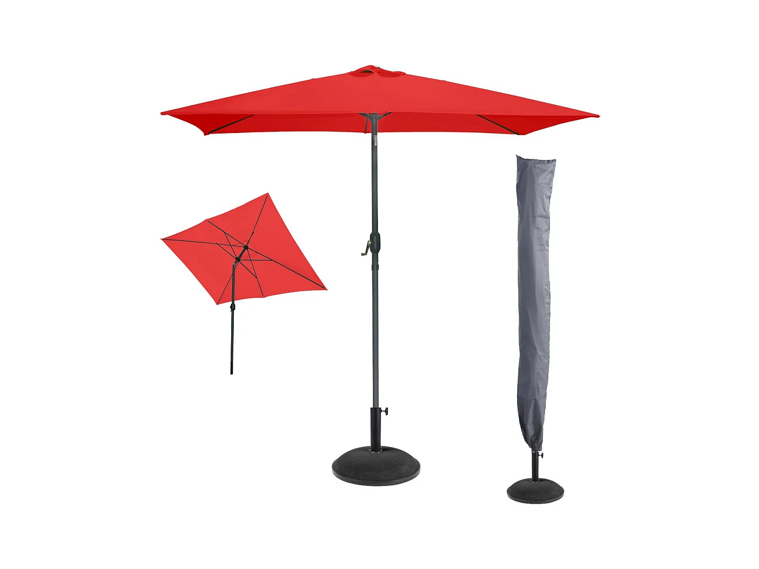 L'indispensable été : Parasol inclinable rouge + housse anti-UV + pieds en ciment 25Kg