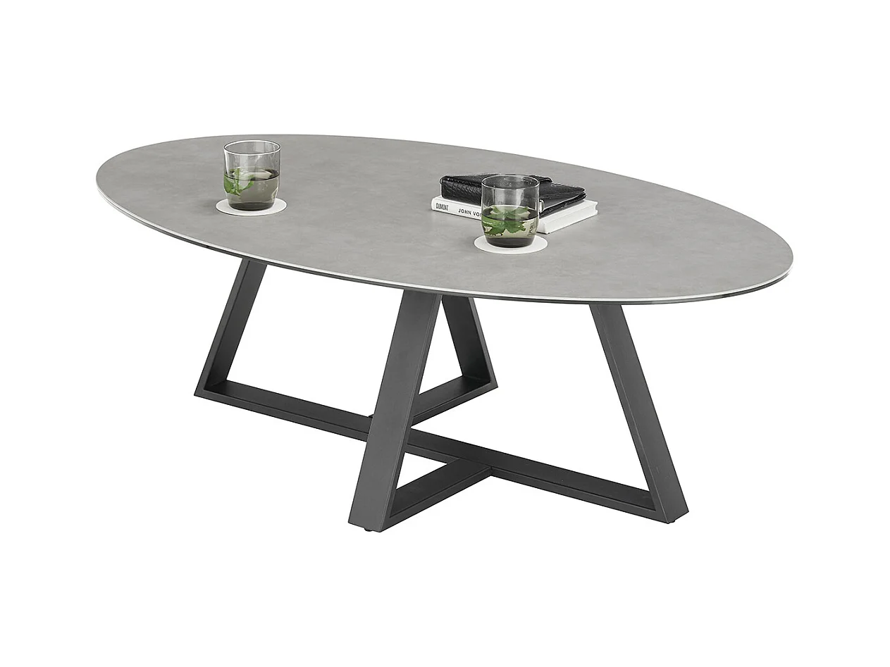 Table basse en verre et céramique coloris gris et métal coloris noir mat -longueur 120 x hauteur 38 x profondeur 70 cm
