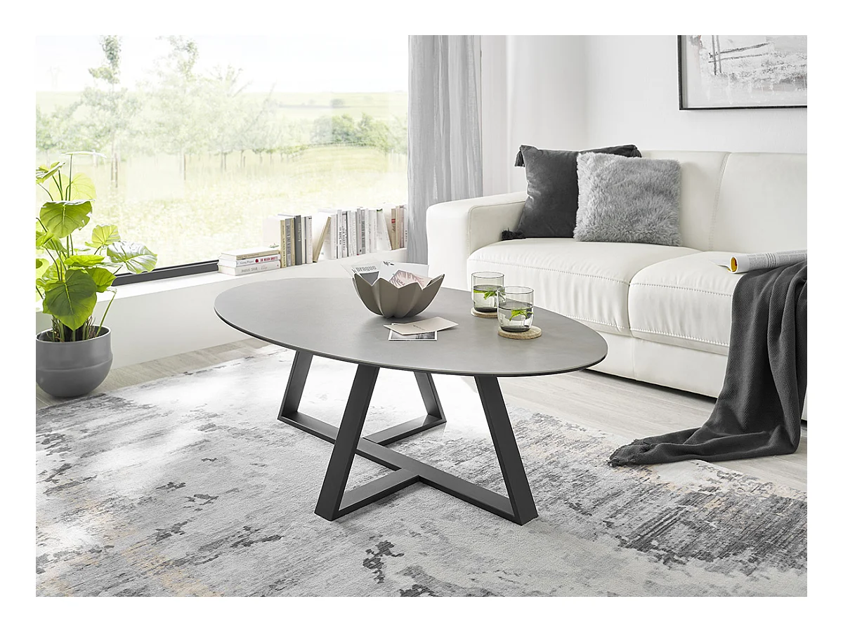 Table basse en verre et céramique coloris gris et métal coloris noir mat -longueur 120 x hauteur 38 x profondeur 70 cm