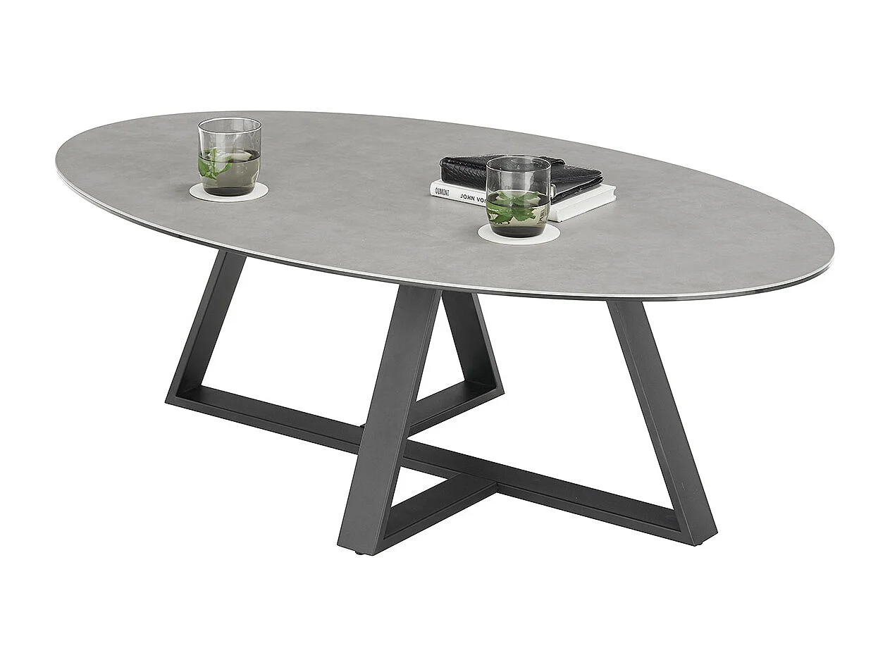 Table basse en verre et céramique coloris gris et métal coloris noir mat -longueur 120 x hauteur 38 x profondeur 70 cm