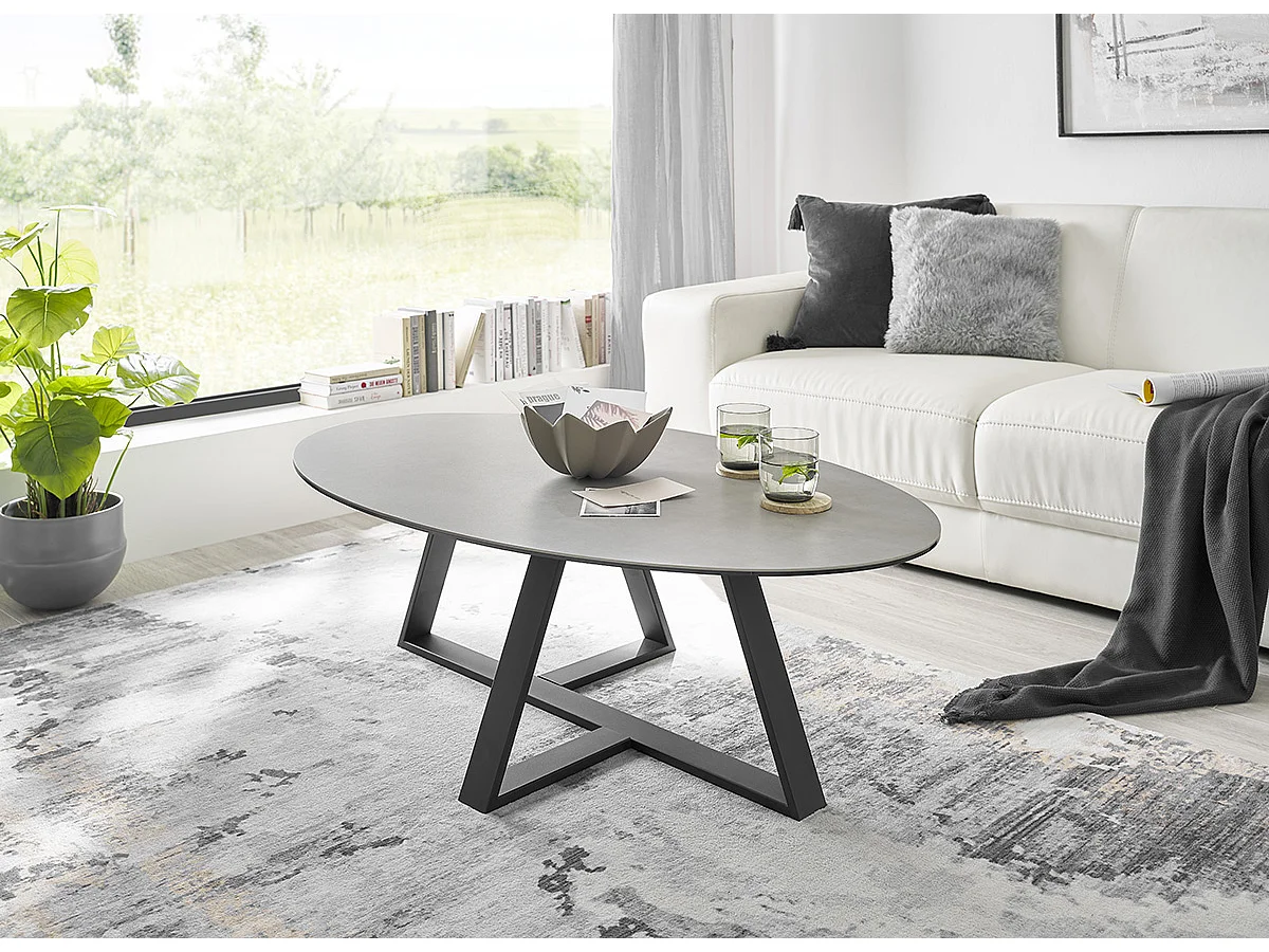 Table basse en verre et céramique coloris gris et métal coloris noir mat -longueur 120 x hauteur 38 x profondeur 70 cm