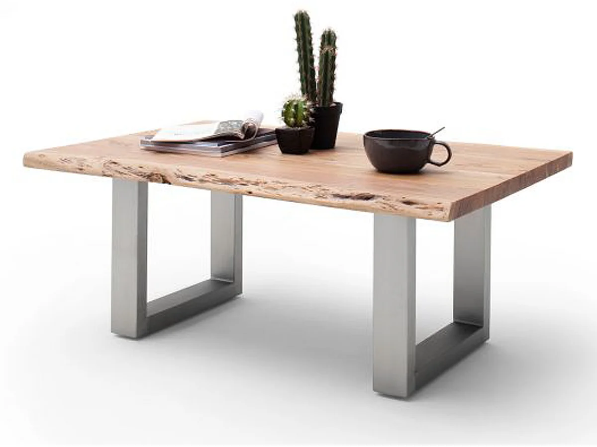 Table basse en bois d'acacia massif naturel et acier inoxydable - L.110 x H.45 x P.70 cm