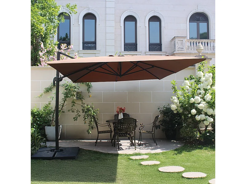 Zweefparasol CESARE bruin 3x4m met tegels om te verzwaren - Sterk aluminium, waterafstotend doek, 360° rotatie
