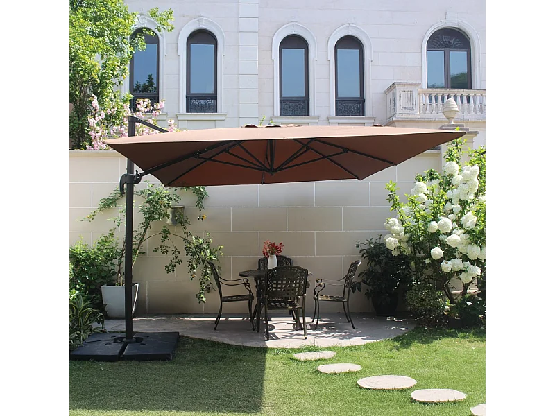 Zweefparasol CESARE bruin 3x4m met tegels om te verzwaren - Sterk aluminium, waterafstotend doek, 360° rotatie