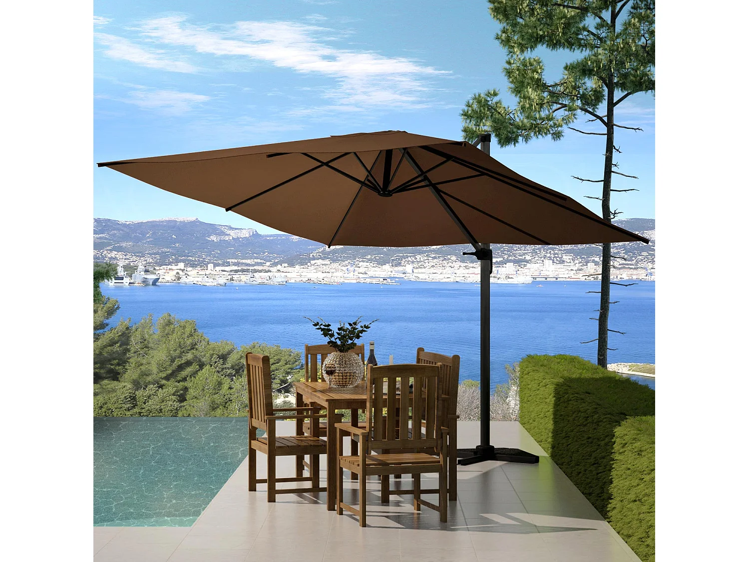 Ensemble parasol  marron 3x3m et 4 dalles à lester PALATINO