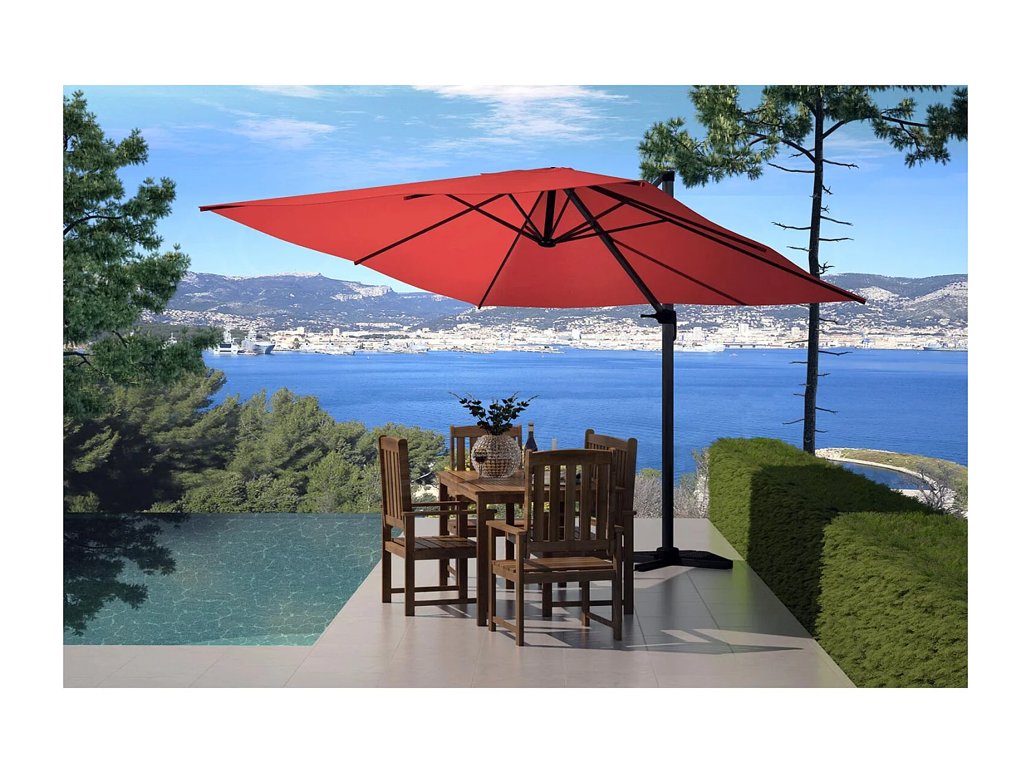 Versetzter Sonnenschirm PALATINO Terrakotta 3x3m mit 4 Platten zum Beschweren