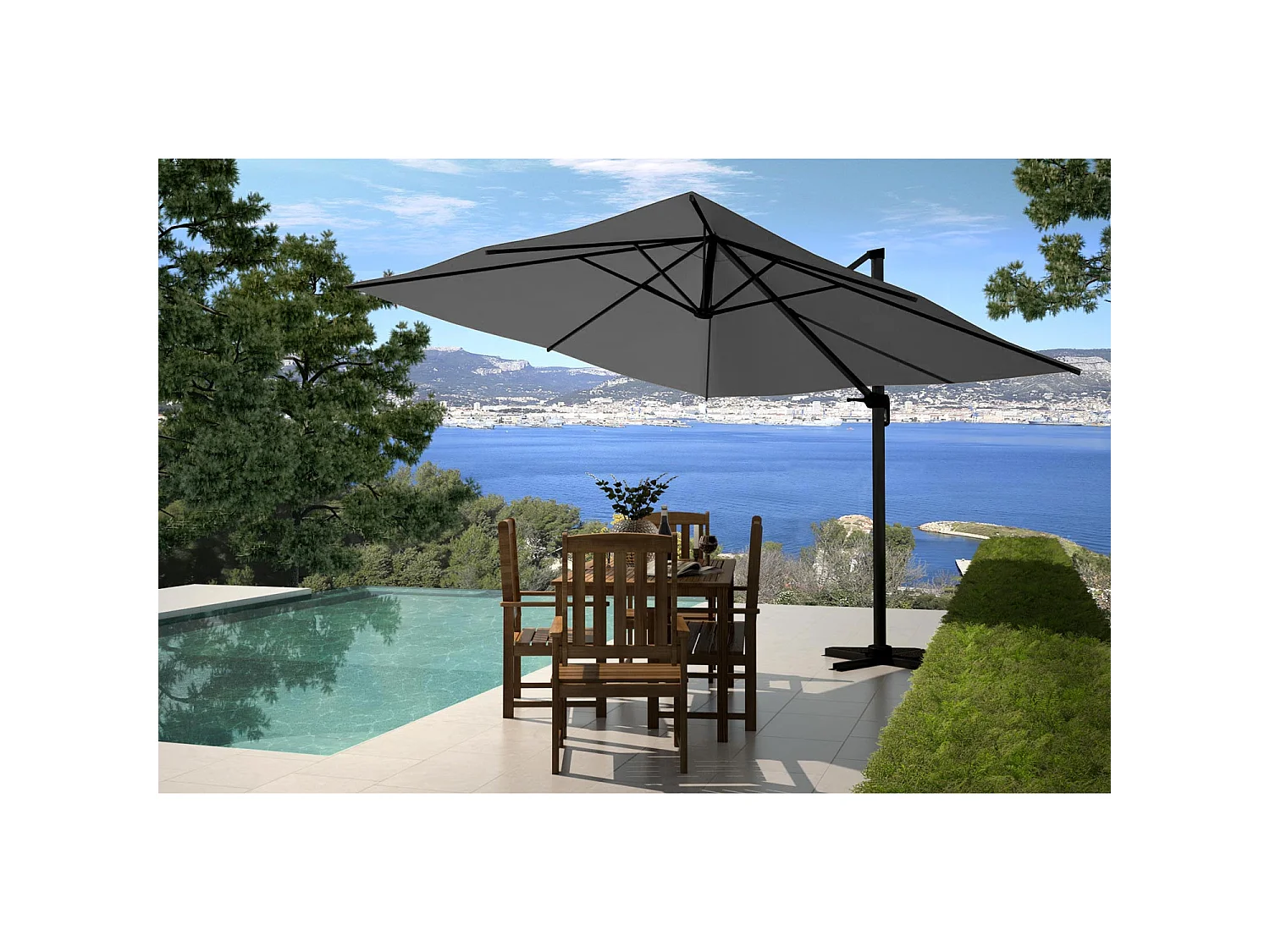 Zweefparasol PALATINO grijs 3x3m met 4 tegels om te verzwaren