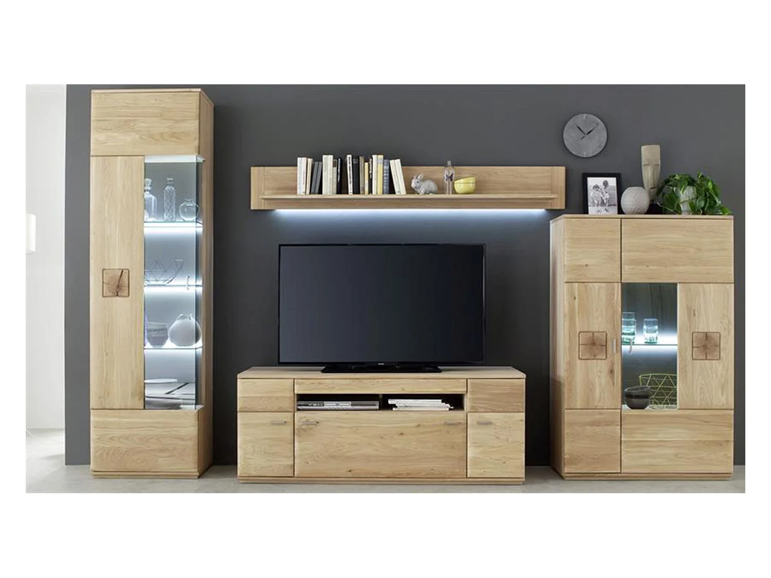 Etagère murale en chêne massif bianco avec LED - L.180 x H.24 x P.25 cm