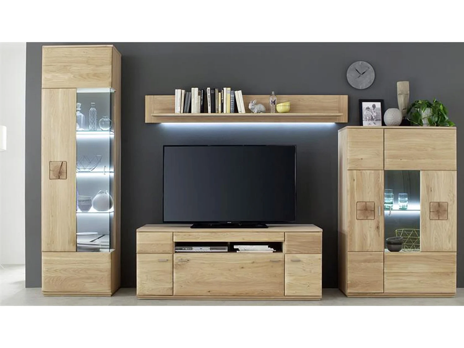 Etagère murale en chêne massif bianco avec LED - L.180 x H.24 x P.25 cm