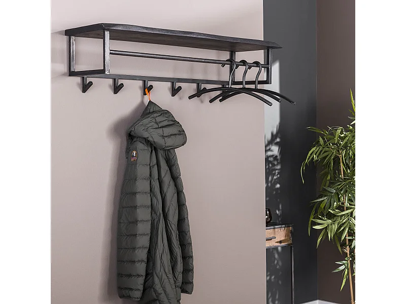 Kapstok Yucon - 6 Haken - Hoedenplank -  Massief Acaciahout - Zwart - 100x30x27