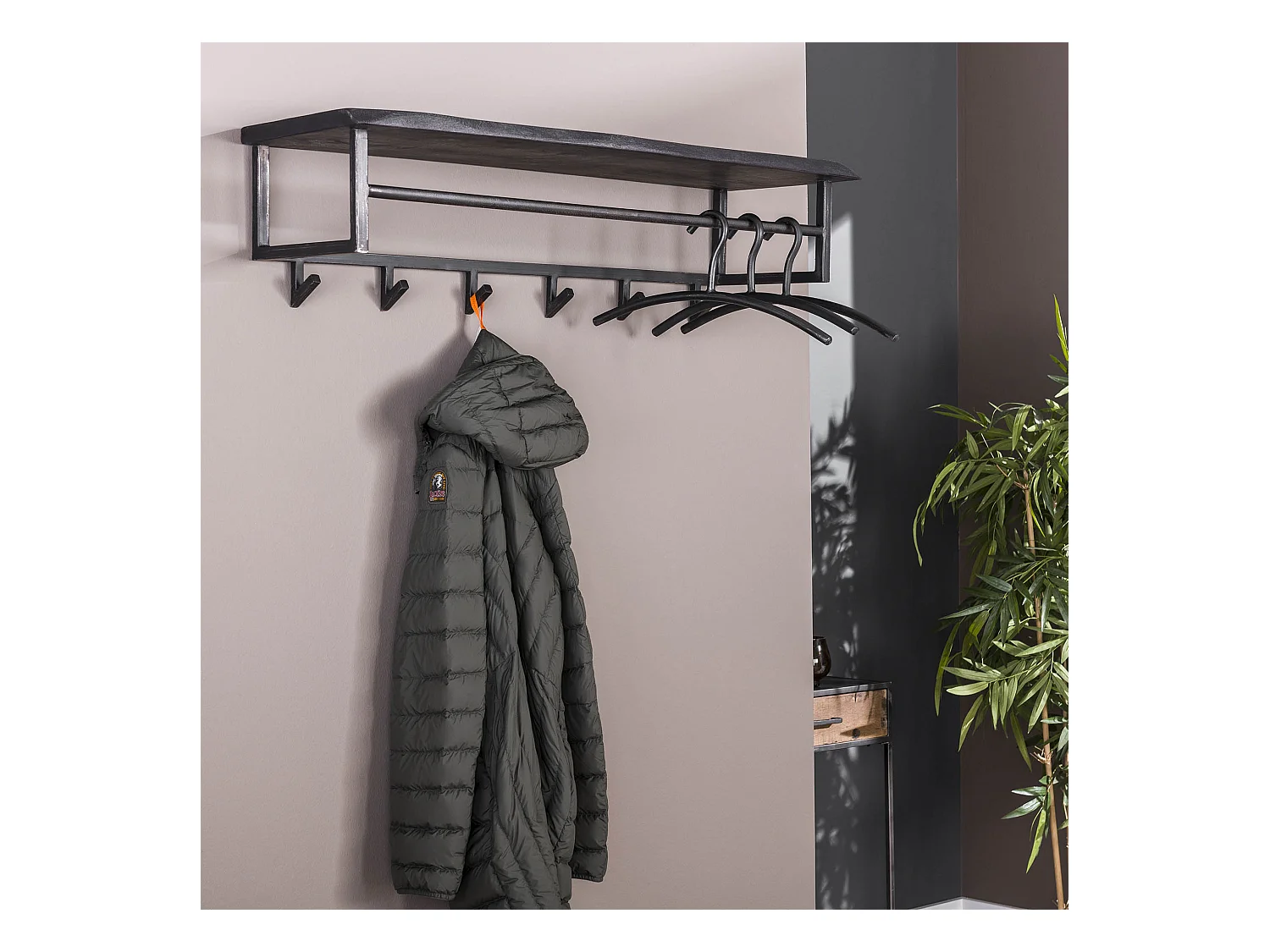 Porte-manteau Yucon - 6 crochets - porte-chapeaux - bois d'acacia massif - noir - 100x30x27
