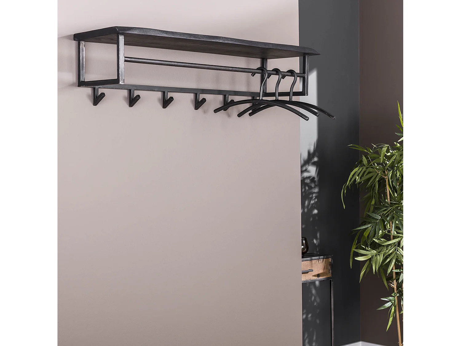 Garderobenständer Yucon - 6 Haken - Hutablage - Akazienholz massiv - schwarz - 100x30x27